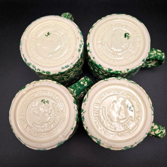 Gerald E Henn Workshops Green Sponge Ware Pottery Mugs Set of 4 Roseville Ohio - Picture 7 of 15